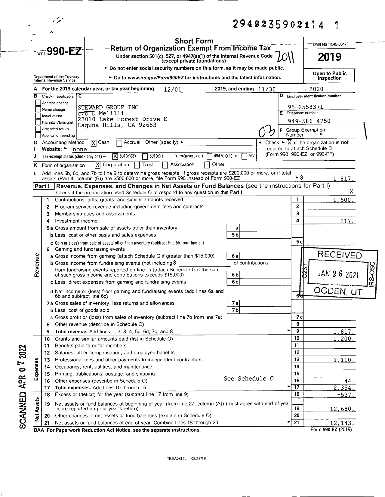 Image of first page of 2019 Form 990EZ for Steward Group