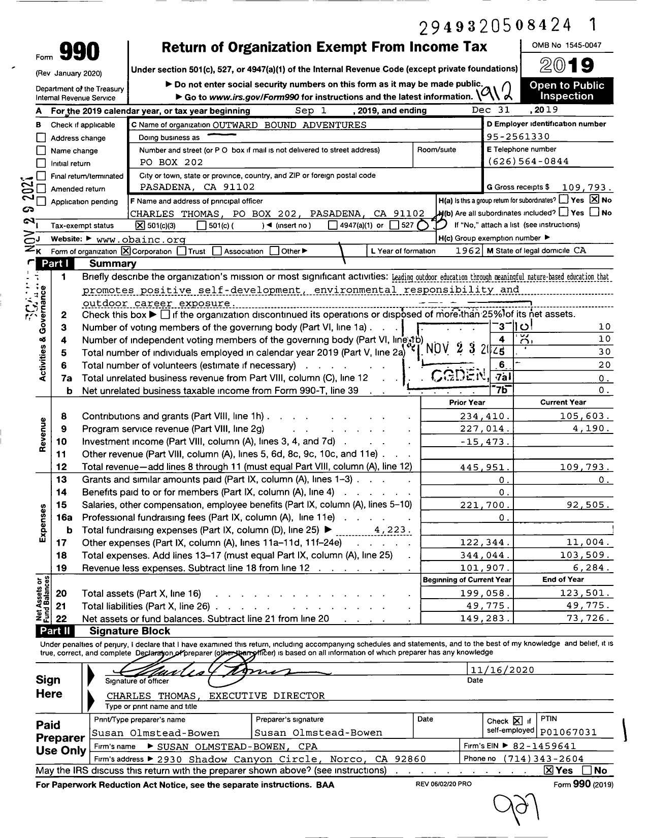 Image of first page of 2019 Form 990 for Outward Bound Adventures