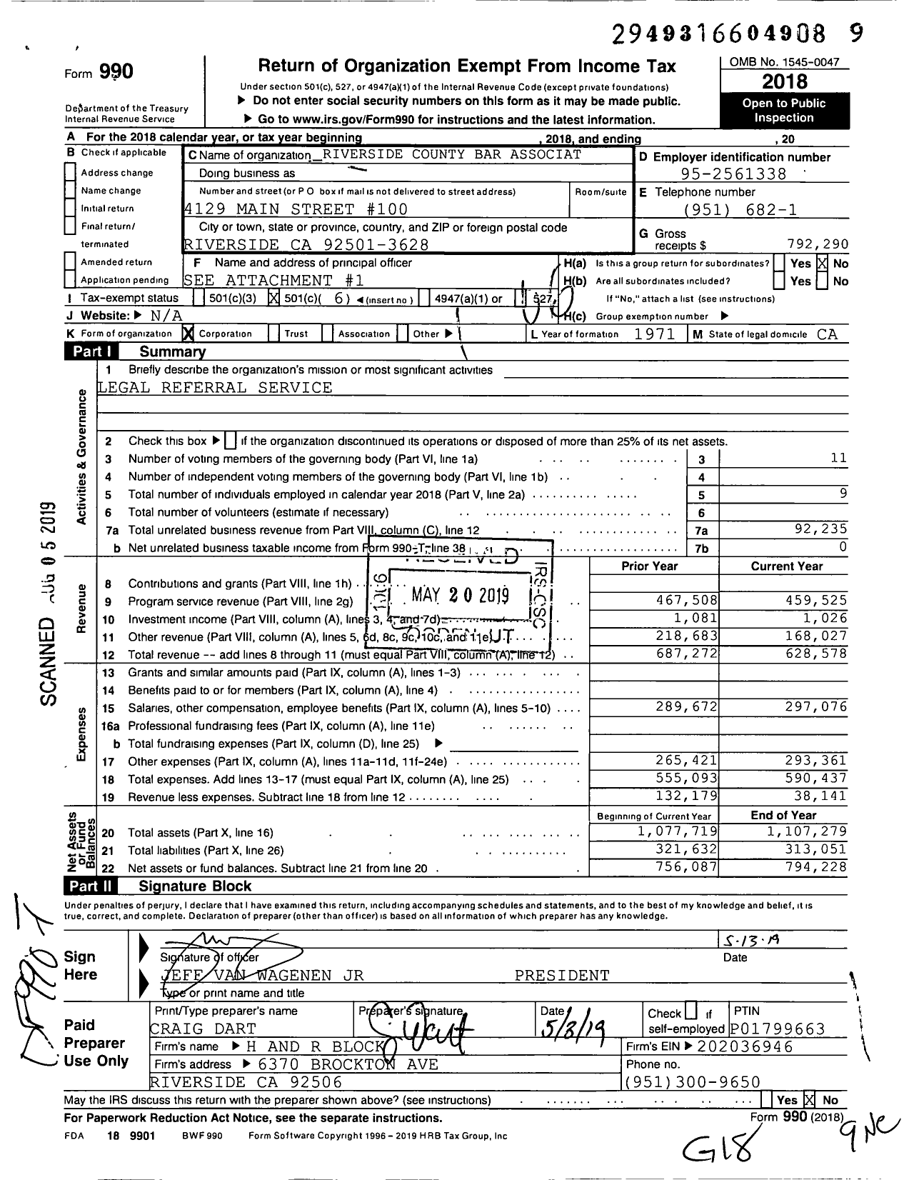 Image of first page of 2018 Form 990O for Riverside County Bar Association