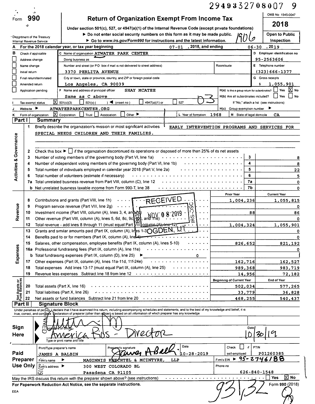 Image of first page of 2018 Form 990 for Atwater Park Center