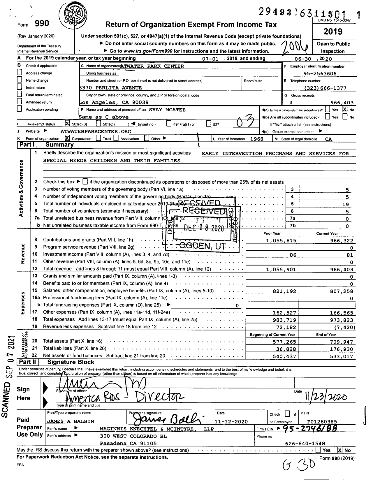 Image of first page of 2019 Form 990 for Atwater Park Center