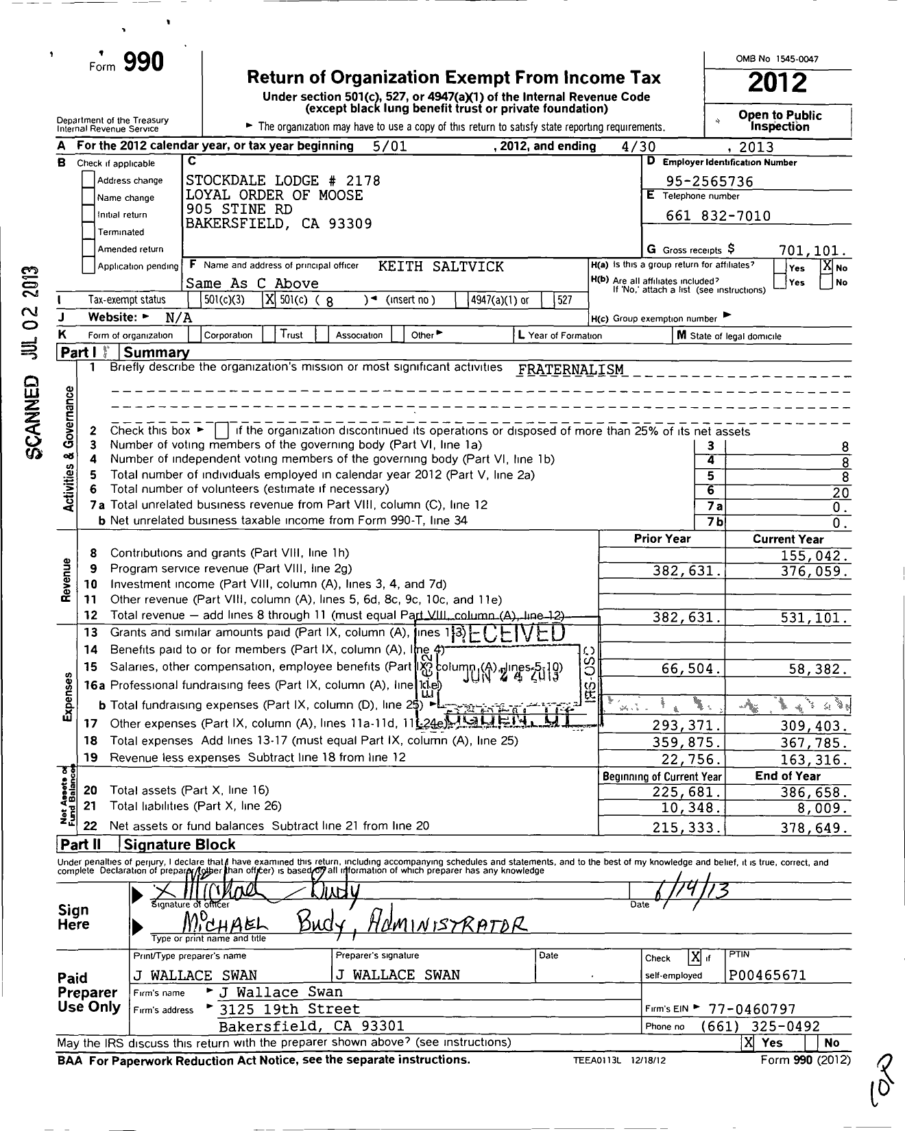 Image of first page of 2012 Form 990O for Loyal Order of Moose - 2178