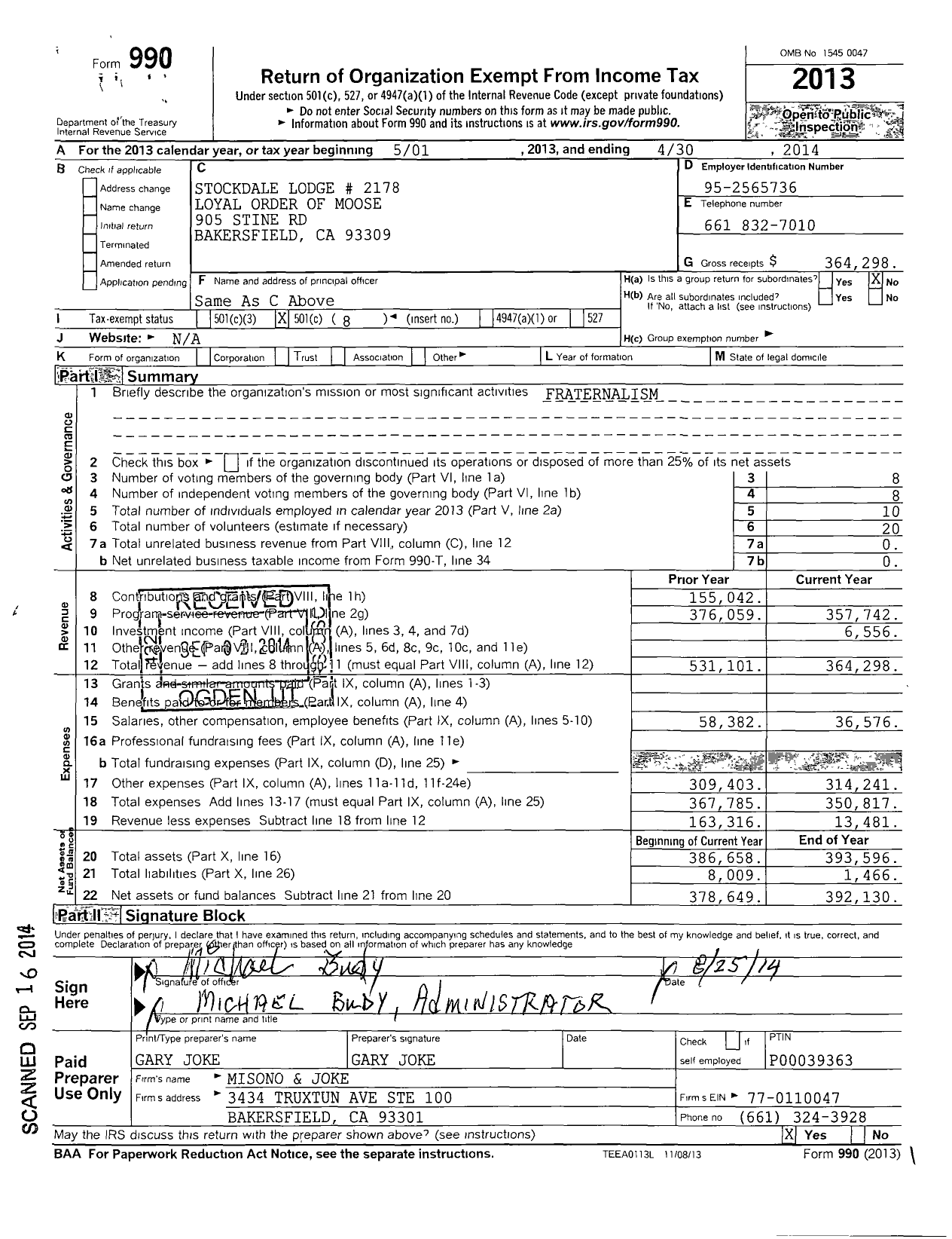Image of first page of 2013 Form 990O for Loyal Order of Moose - 2178