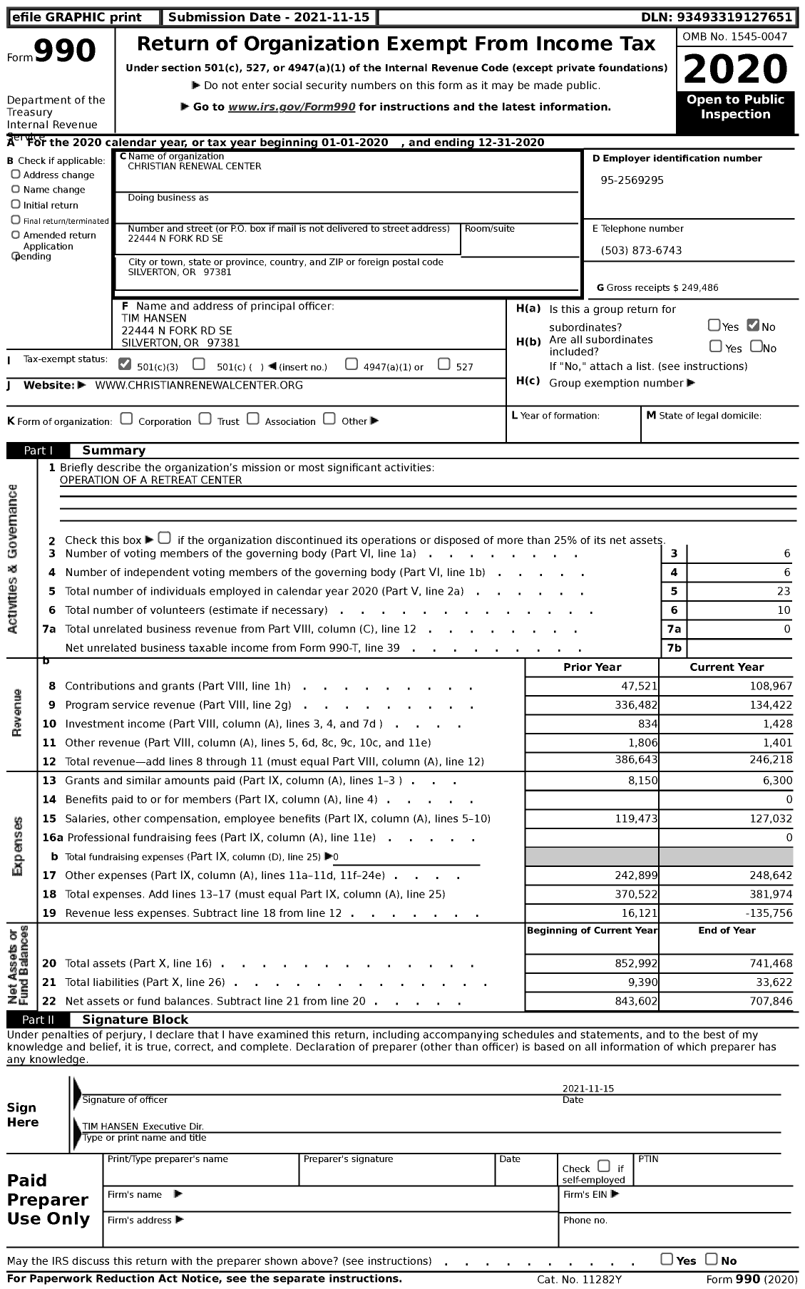 Image of first page of 2020 Form 990 for Christian Renewal Center