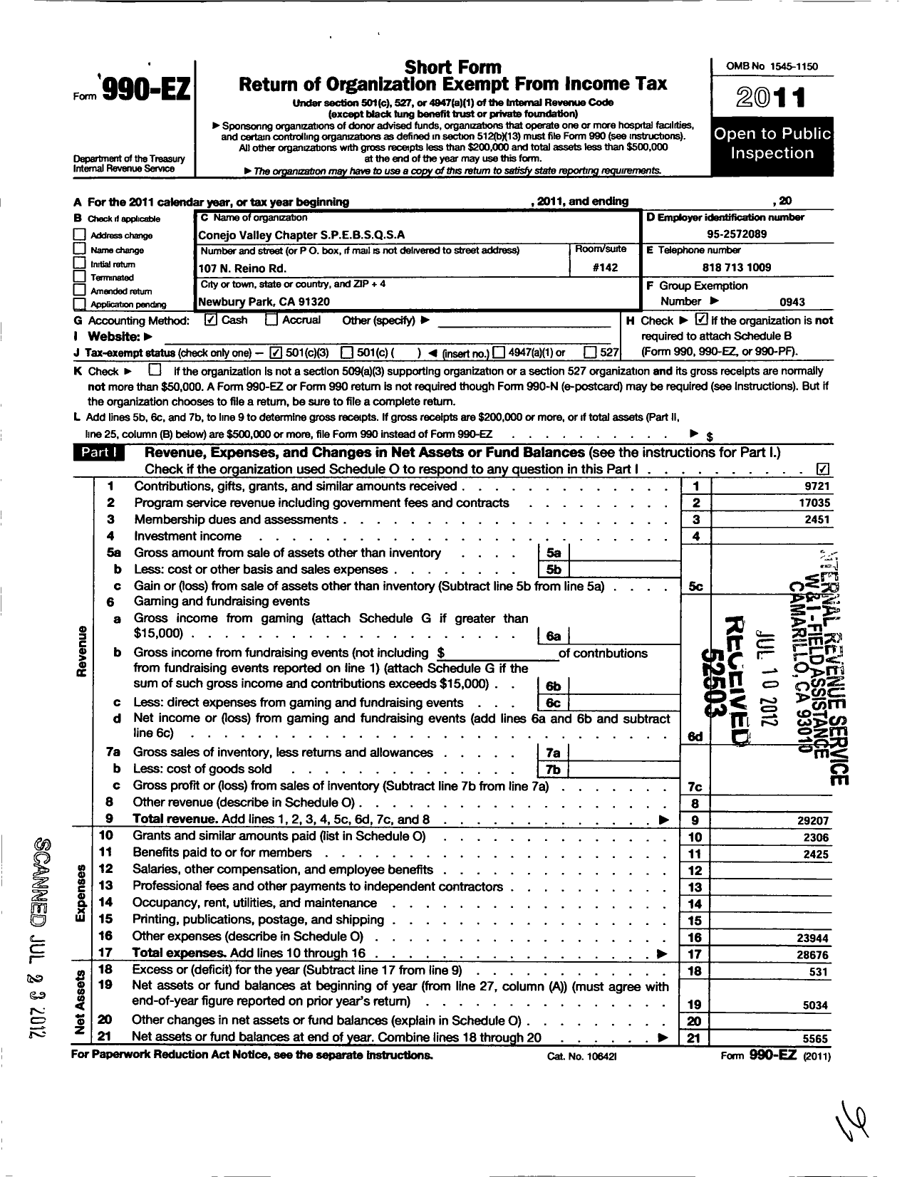 Image of first page of 2011 Form 990EZ for Barbershop Harmony Society - D014 Conejo Valley