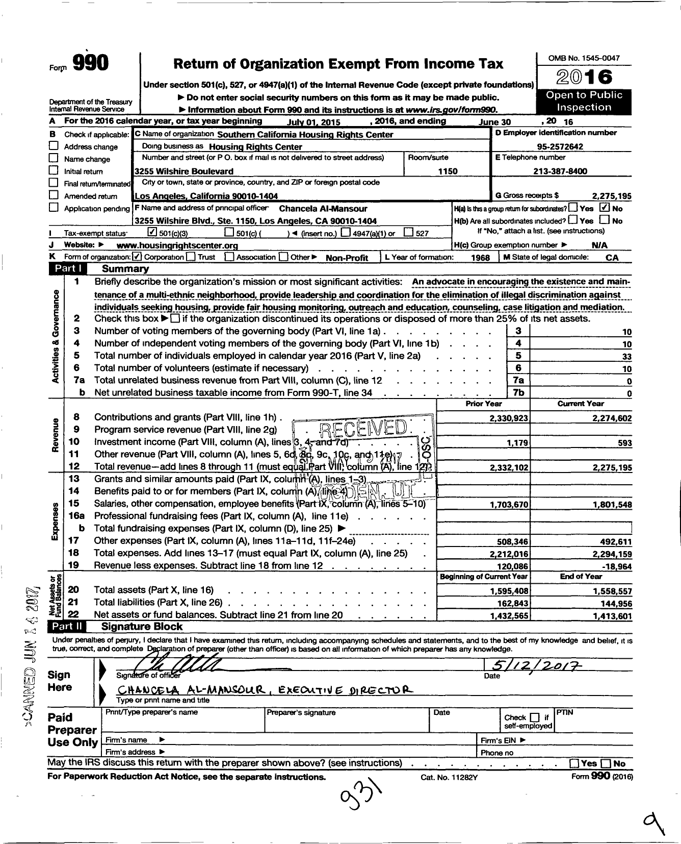 Image of first page of 2015 Form 990 for Southern California Housing Rights Center