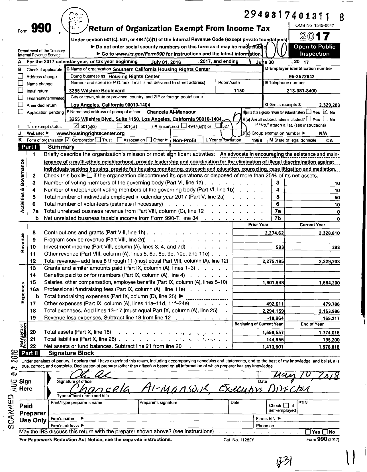 Image of first page of 2016 Form 990 for Southern California Housing Rights Center
