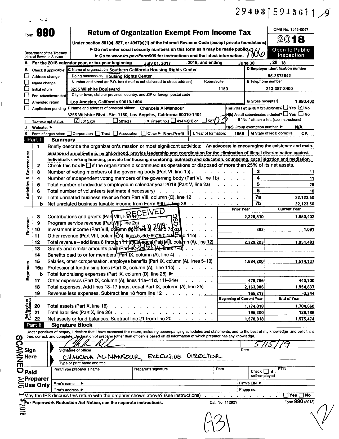 Image of first page of 2017 Form 990 for Southern California Housing Rights Center