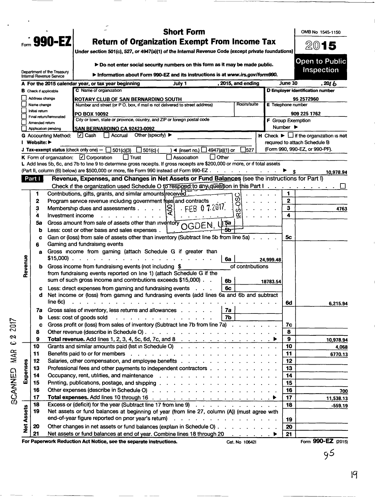 Image of first page of 2015 Form 990EO for Rotary International - San Bernardino Crossroads