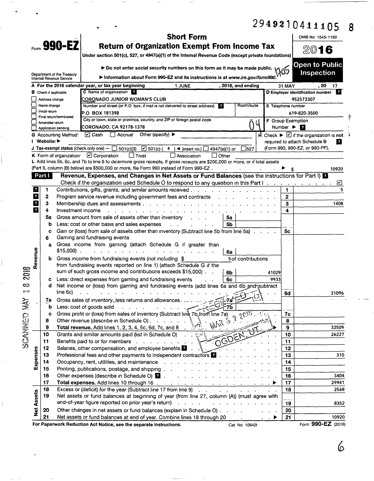 Image of first page of 2016 Form 990EO for Coronado Junior Womans Club