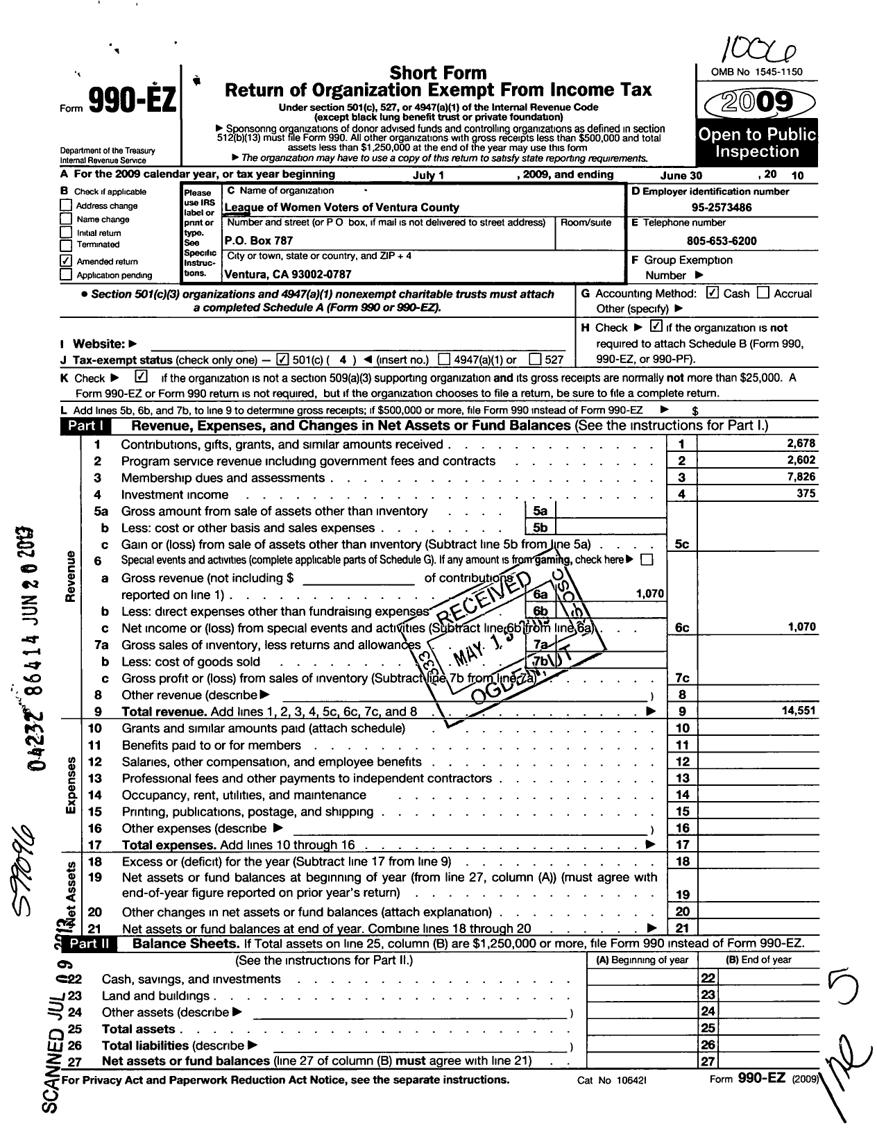 Image of first page of 2009 Form 990EO for League of Women Voters of Ventura County