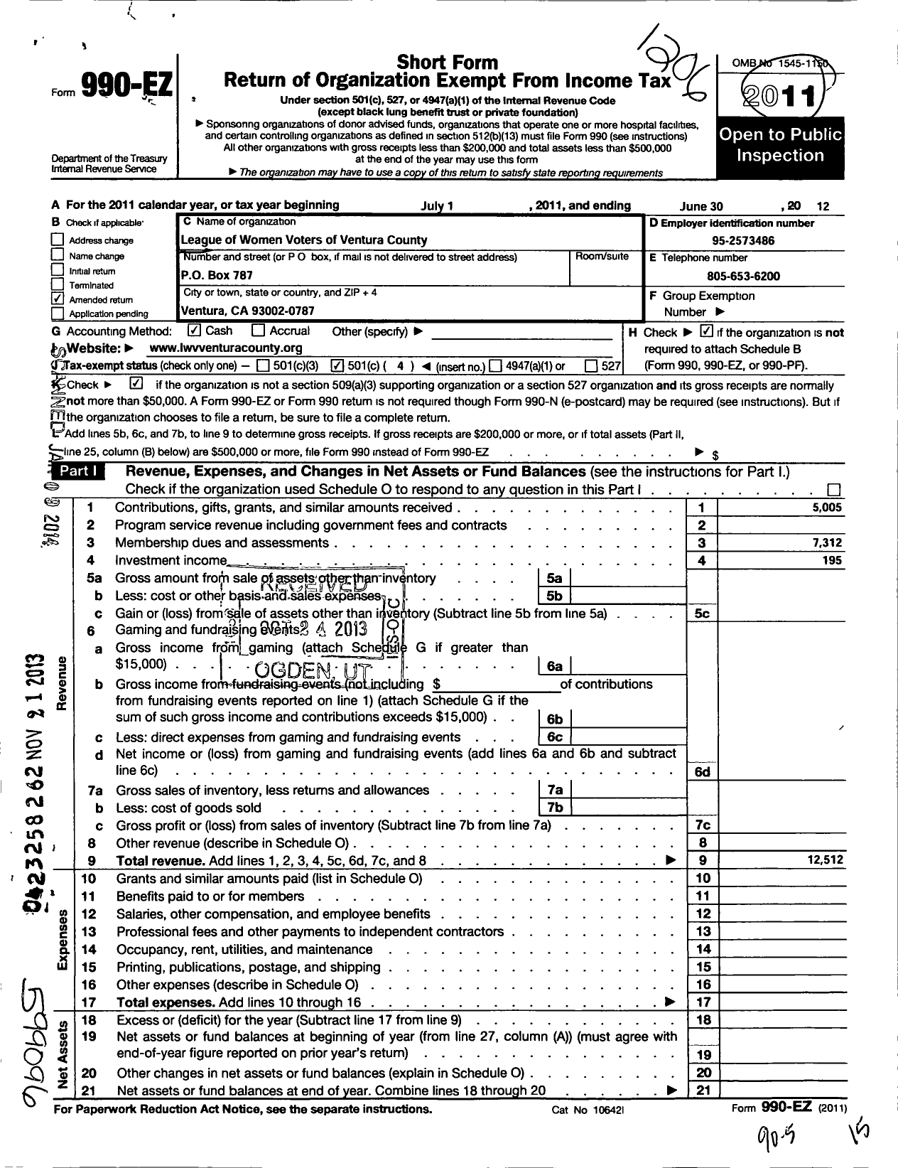 Image of first page of 2011 Form 990EO for League of Women Voters of Ventura County