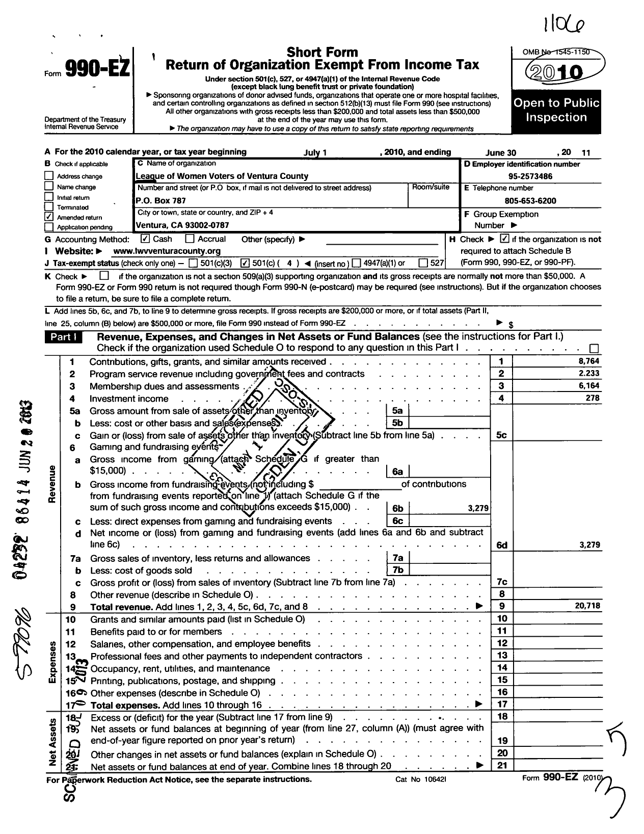 Image of first page of 2010 Form 990EO for League of Women Voters of Ventura County