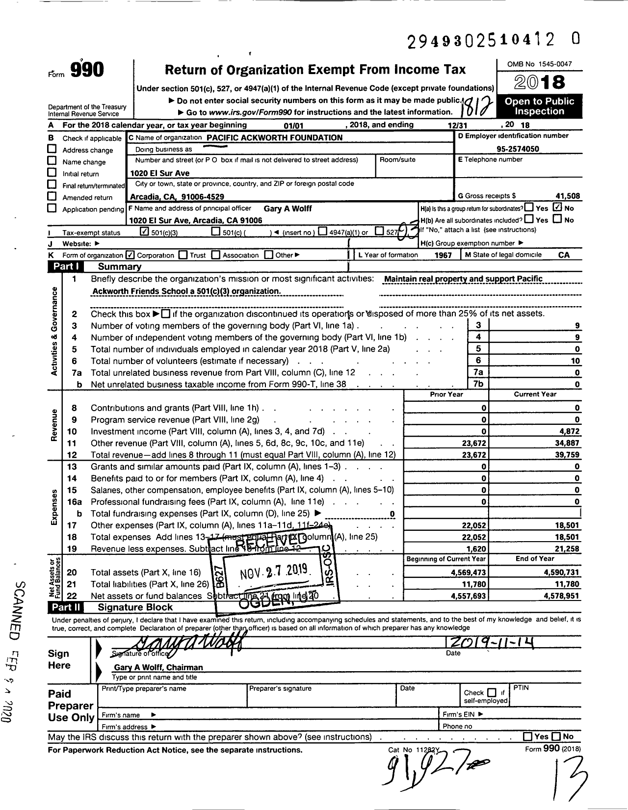 Image of first page of 2018 Form 990 for Pacific Ackworth Foundation