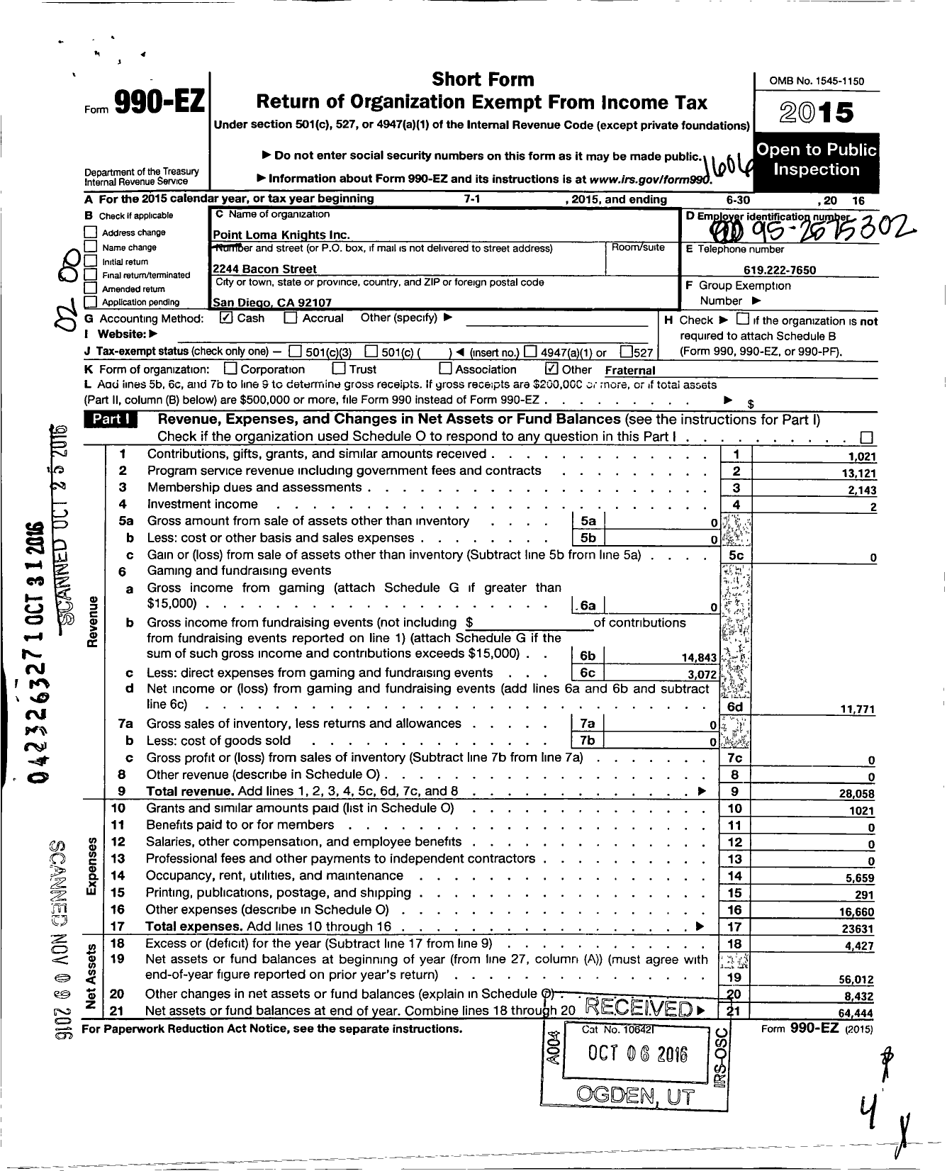 Image of first page of 2015 Form 990EO for Point Loma Knights