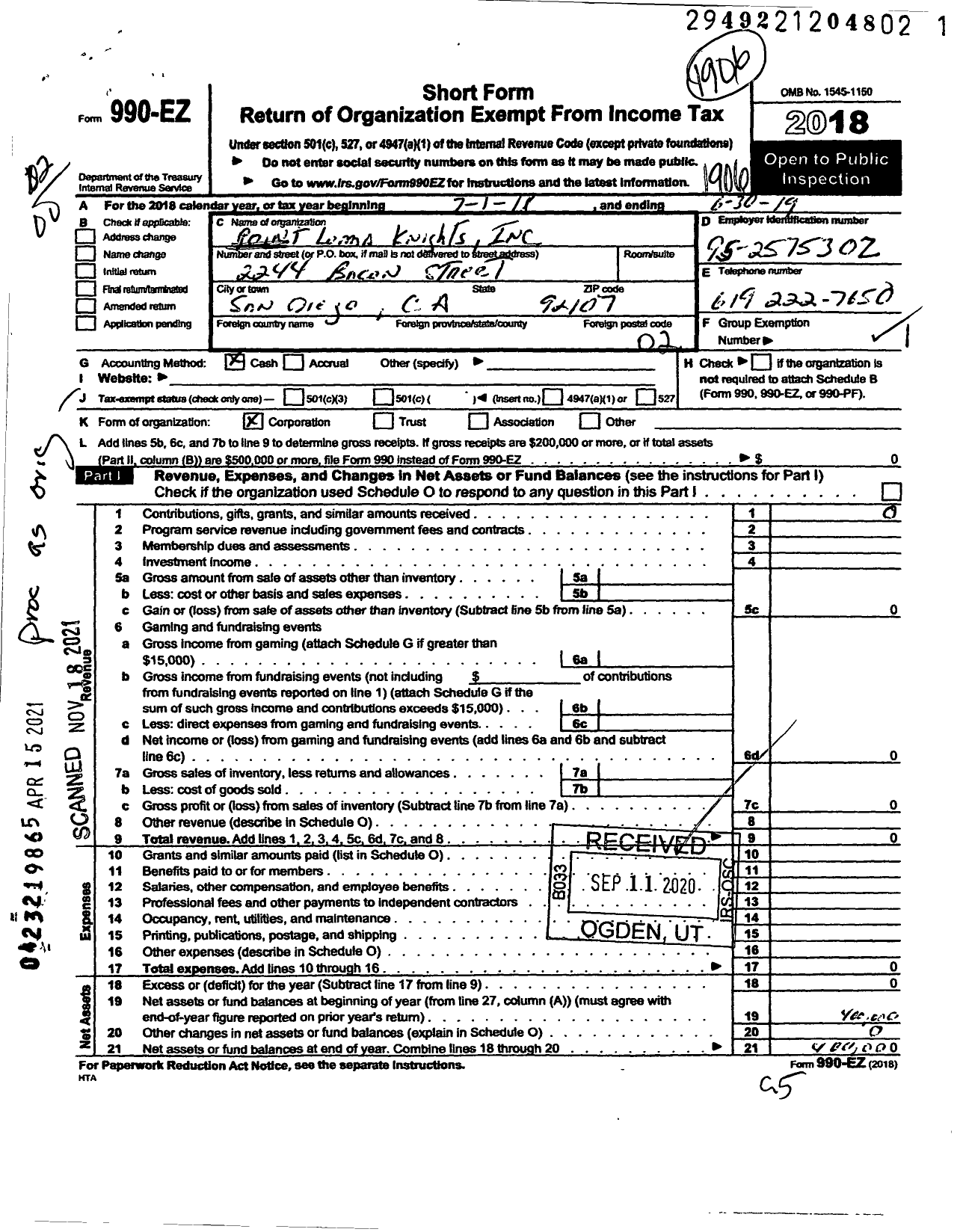 Image of first page of 2018 Form 990EO for Point Loma Knights