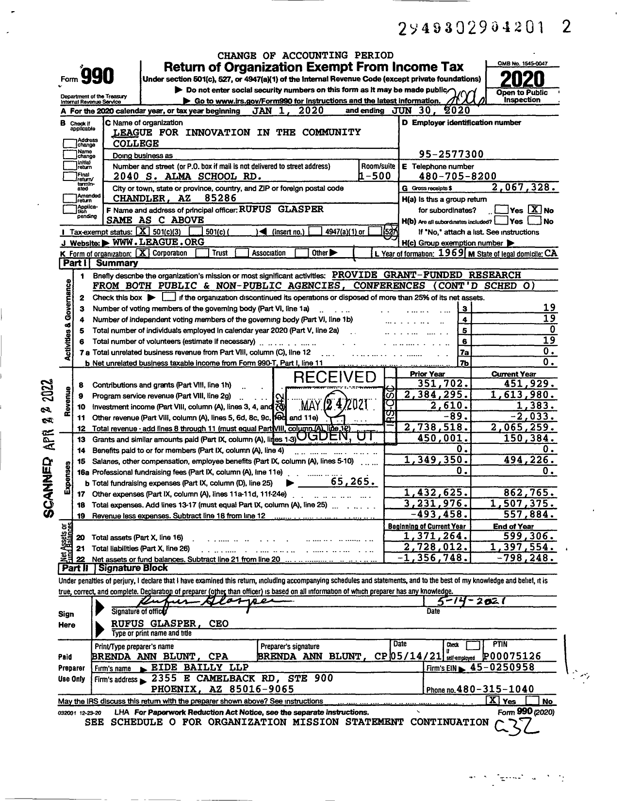 Image of first page of 2019 Form 990 for League for Innovation in the Community College