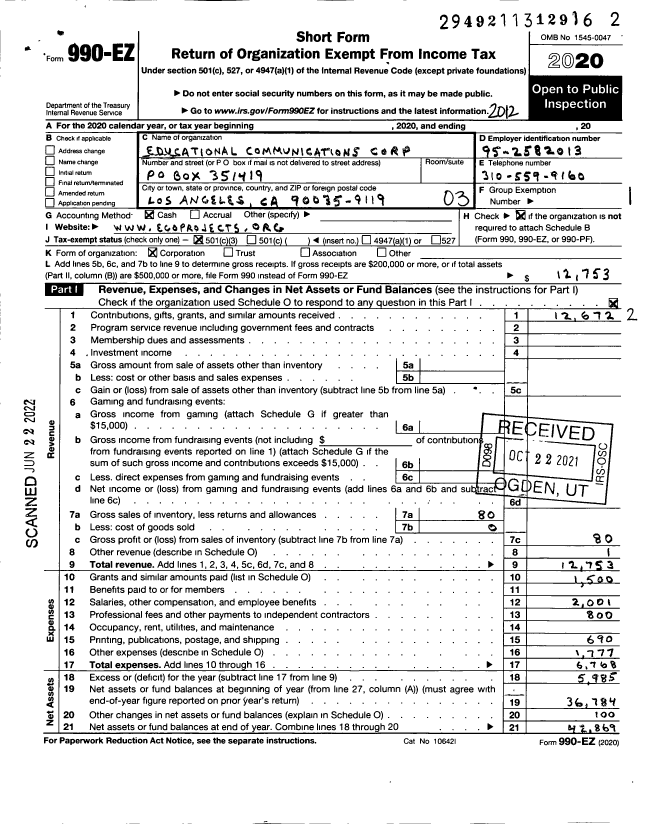 Image of first page of 2020 Form 990EZ for Educational Communications Corporation