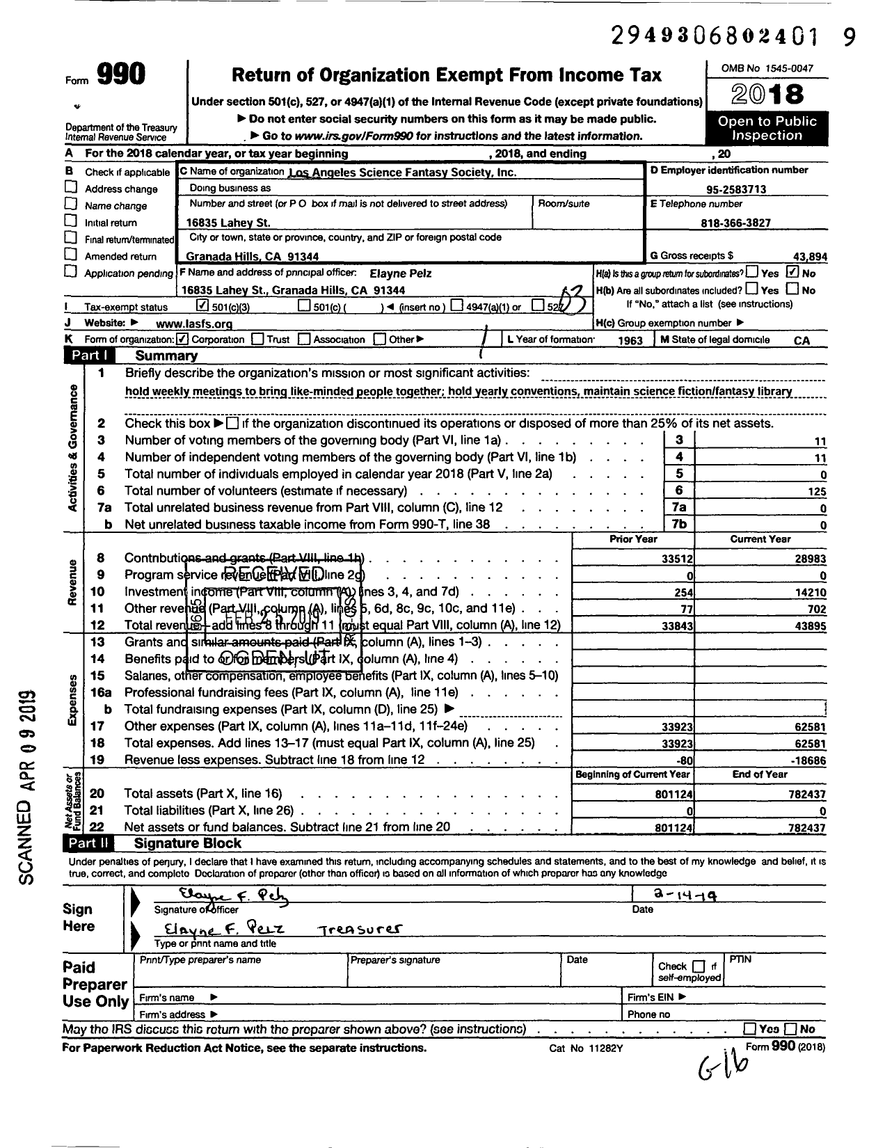 Image of first page of 2018 Form 990 for Los Angeles Science Fantasy Society