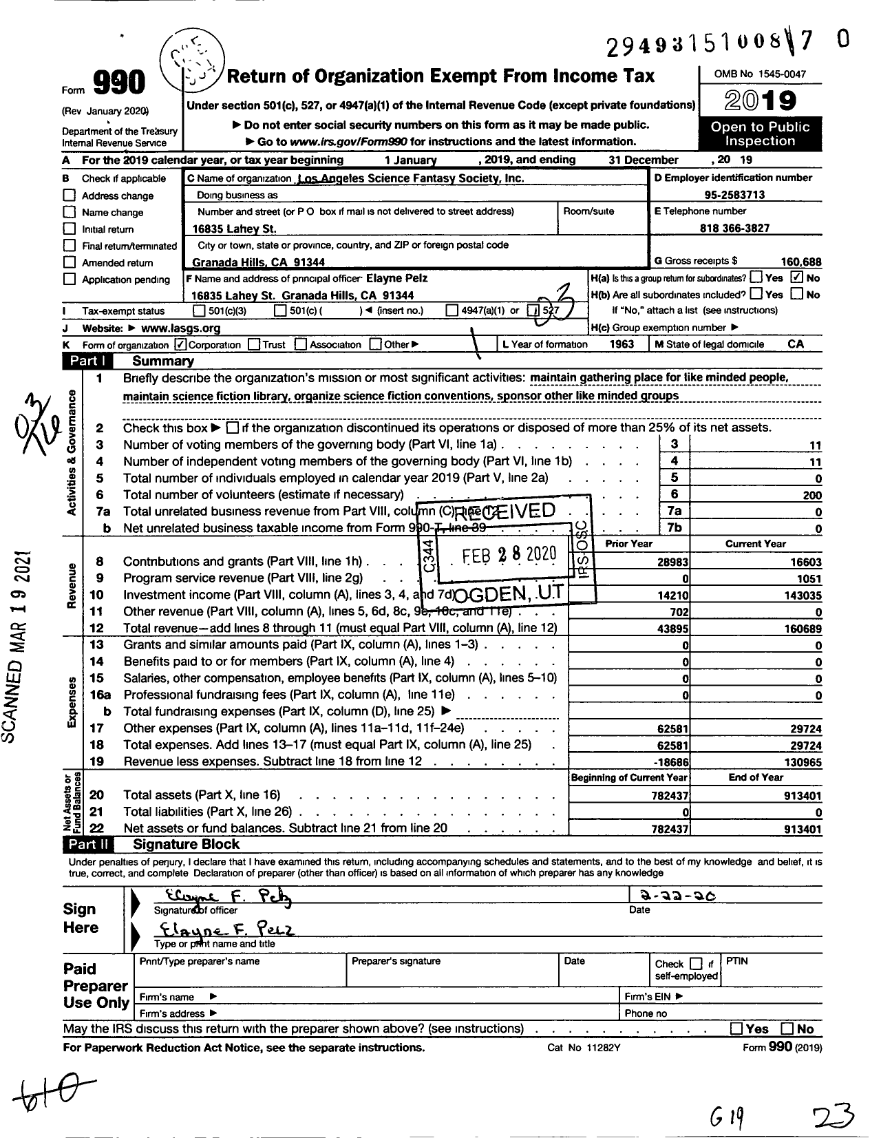 Image of first page of 2019 Form 990 for Los Angeles Science Fantasy Society