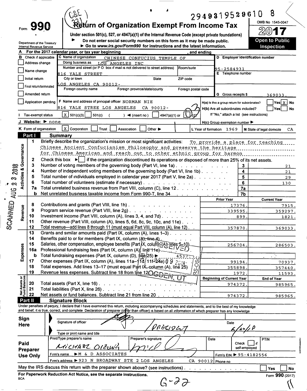 Image of first page of 2017 Form 990 for Chinese Confucius Temple of Los Los Angeles