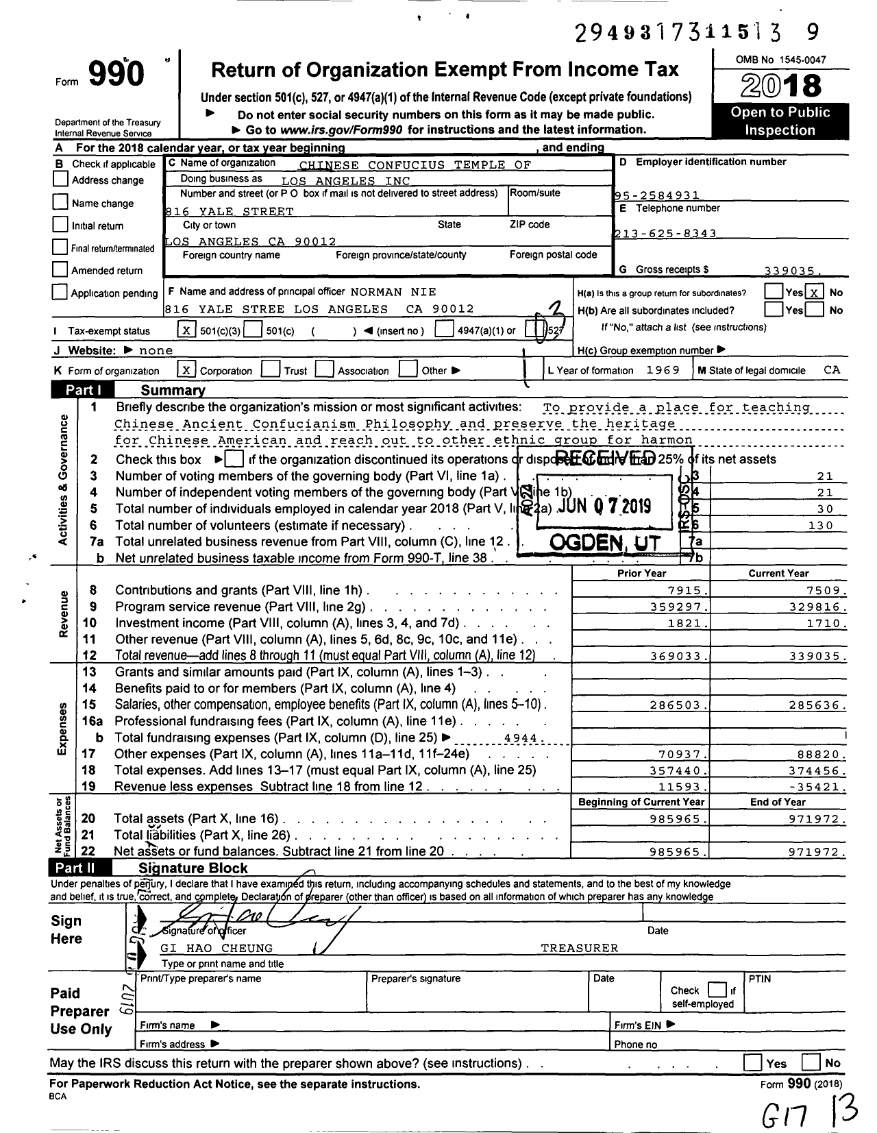 Image of first page of 2018 Form 990 for Chinese Confucius Temple of Los Los Angeles