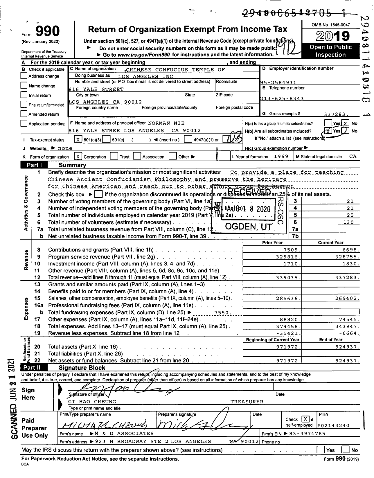 Image of first page of 2019 Form 990 for Chinese Confucius Temple of Los Los Angeles