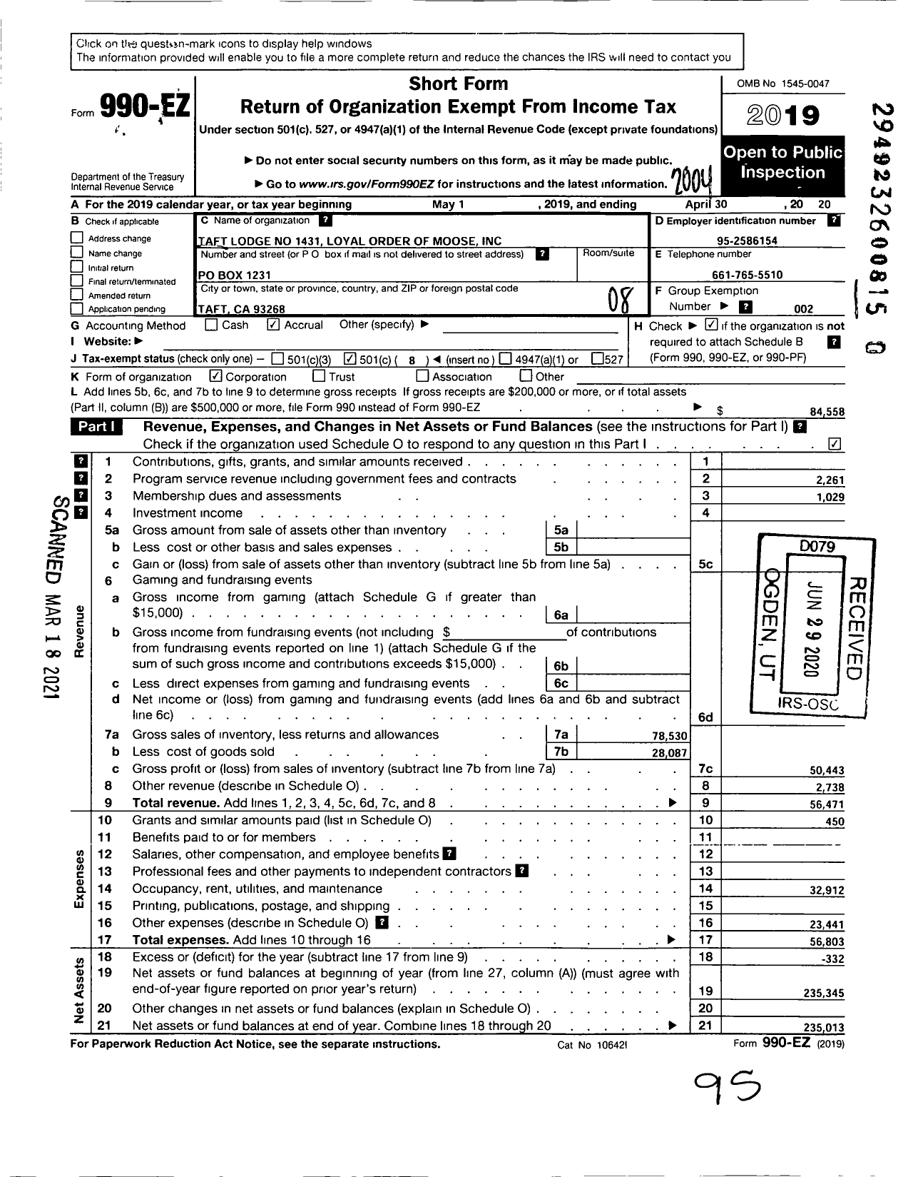 Image of first page of 2019 Form 990EO for Taft Lodge No 1431 Loyal Order of Moose