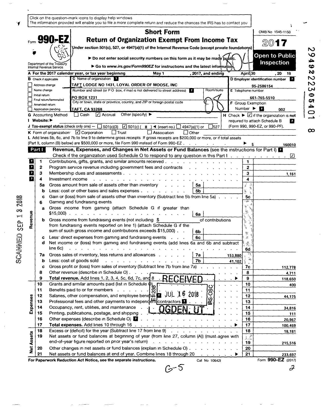 Image of first page of 2017 Form 990EO for Taft Lodge No 1431 Loyal Order of Moose