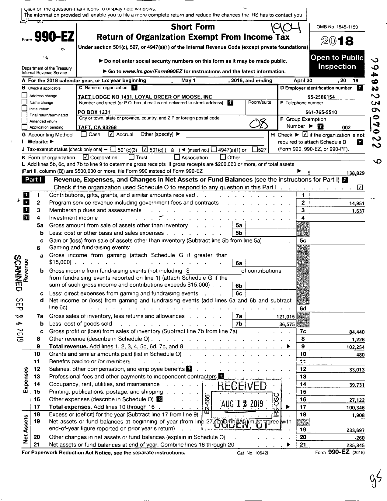 Image of first page of 2018 Form 990EO for Taft Lodge No 1431 Loyal Order of Moose