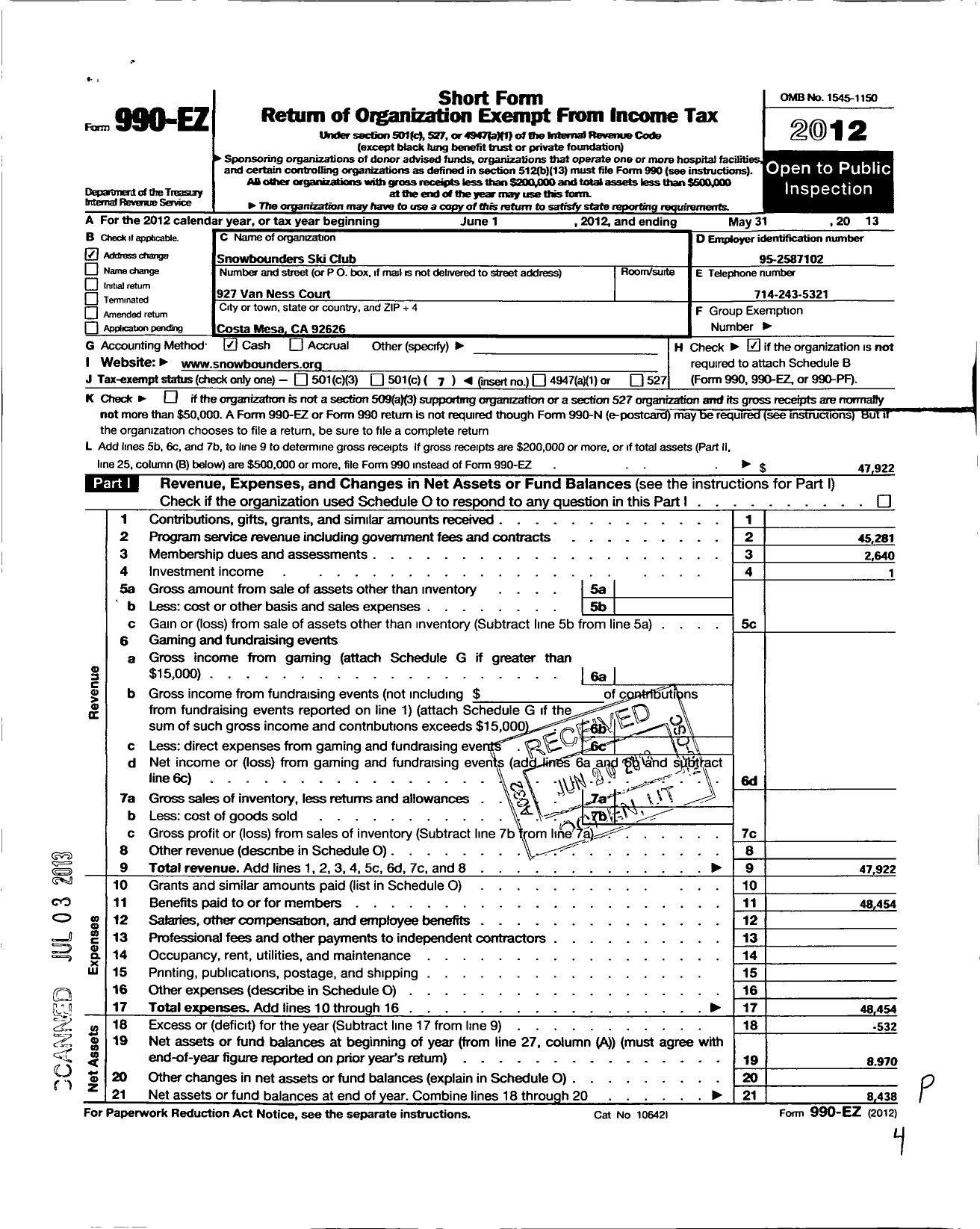 Image of first page of 2012 Form 990EO for Snowbounders Ski Club