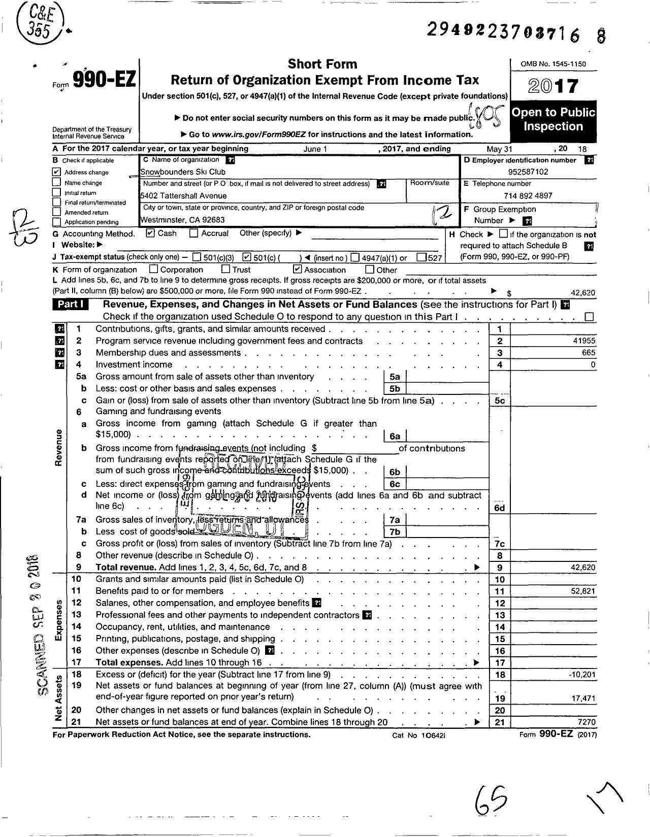 Image of first page of 2017 Form 990EO for Snowbounders Ski Club