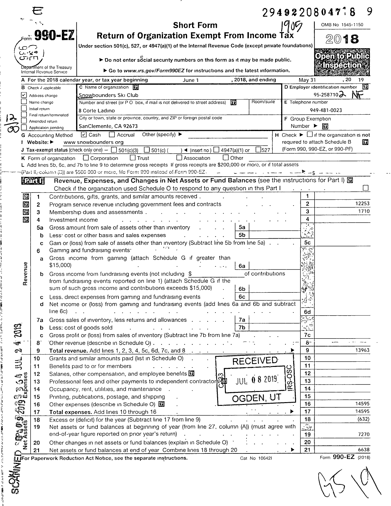 Image of first page of 2018 Form 990EO for Snowbounders Ski Club