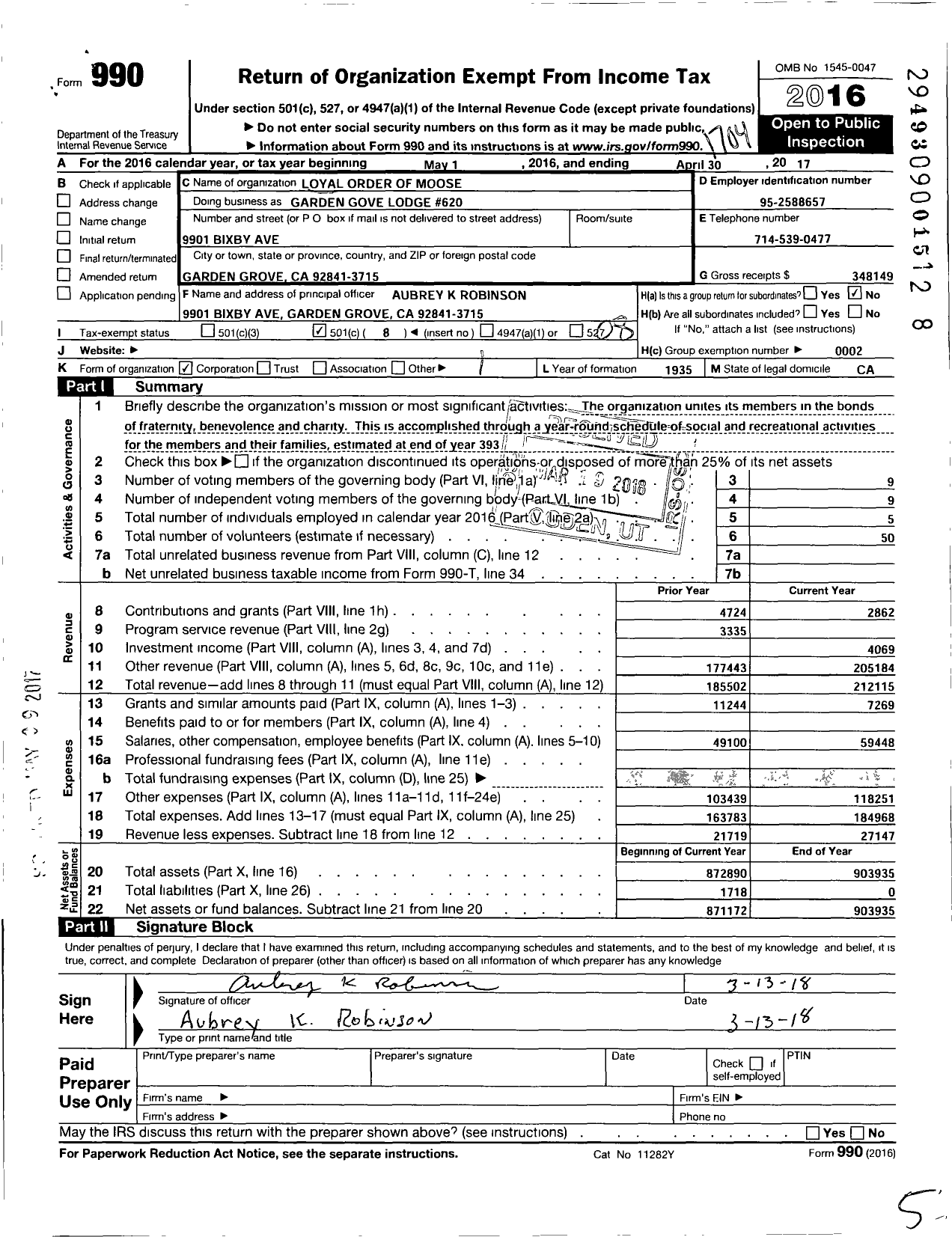 Image of first page of 2016 Form 990O for Loyal Order of Moose - Garden Grove Moose Lodge 620 (620)