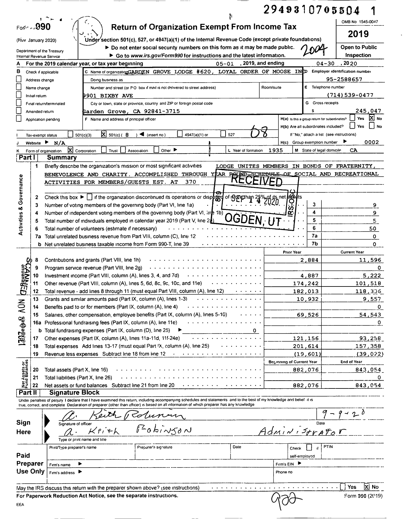 Image of first page of 2019 Form 990O for Loyal Order of Moose - Garden Grove Moose Lodge 620 (620)