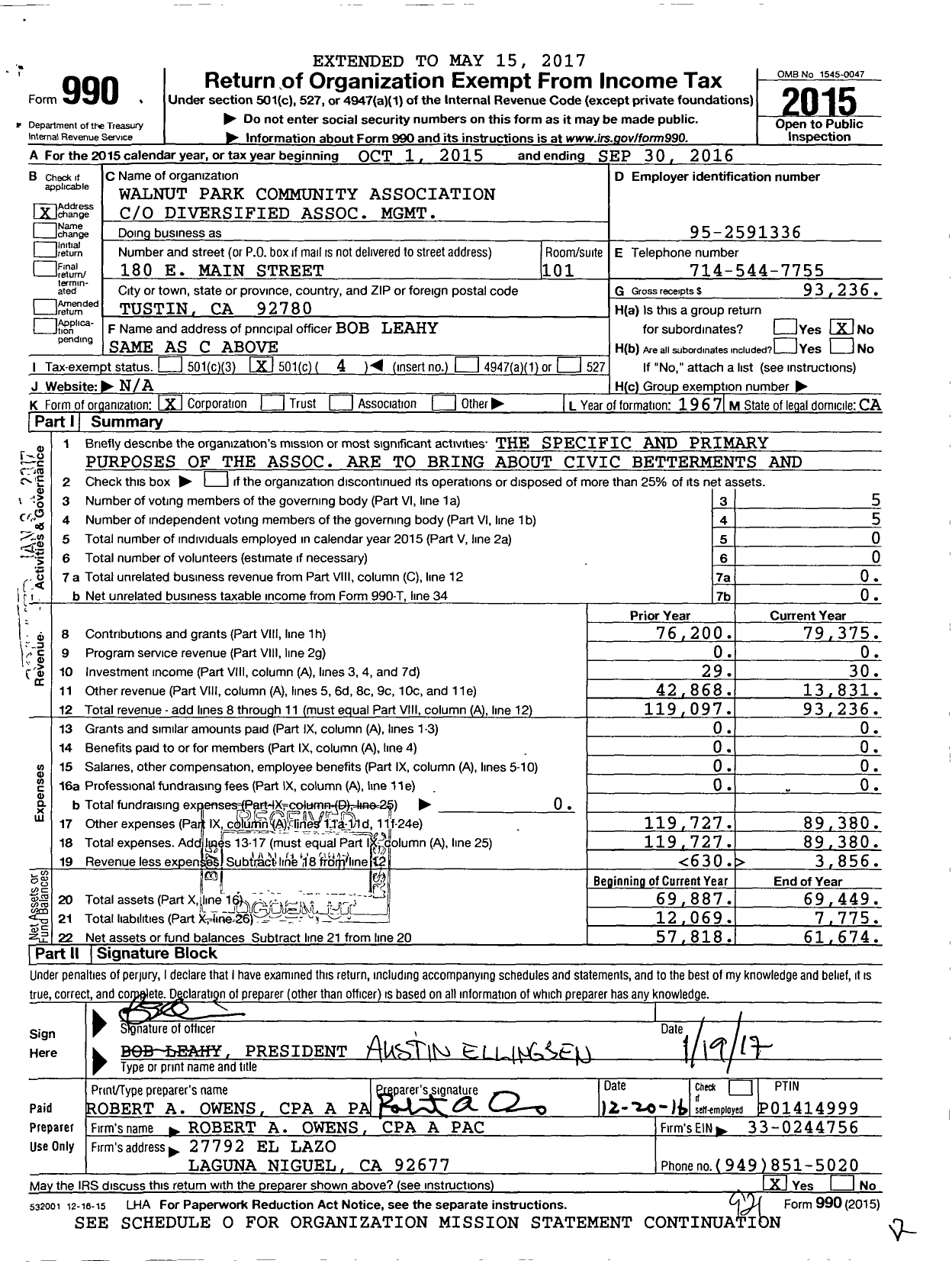 Image of first page of 2015 Form 990O for Walnut Park Community Association