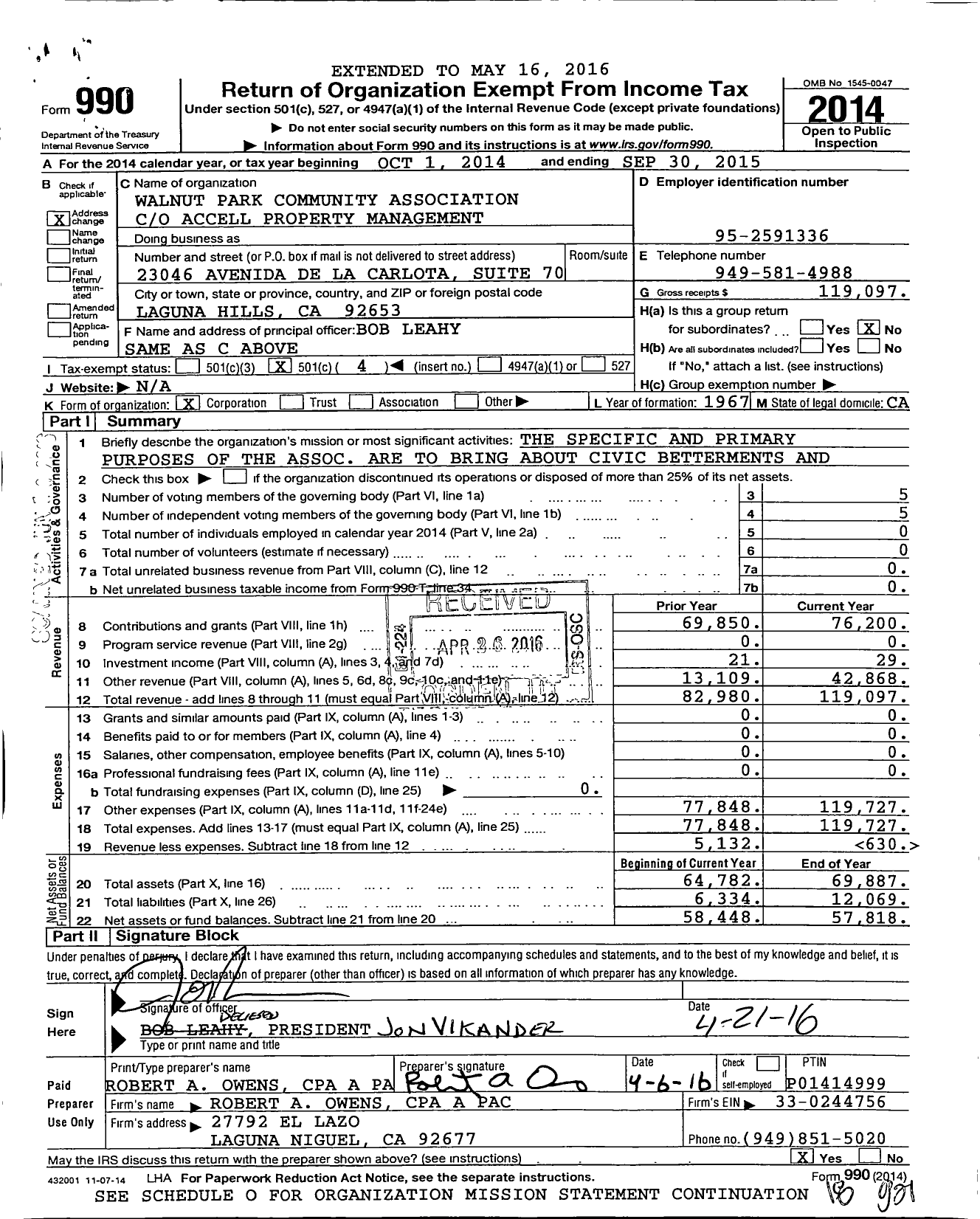 Image of first page of 2014 Form 990O for Walnut Park Community Association