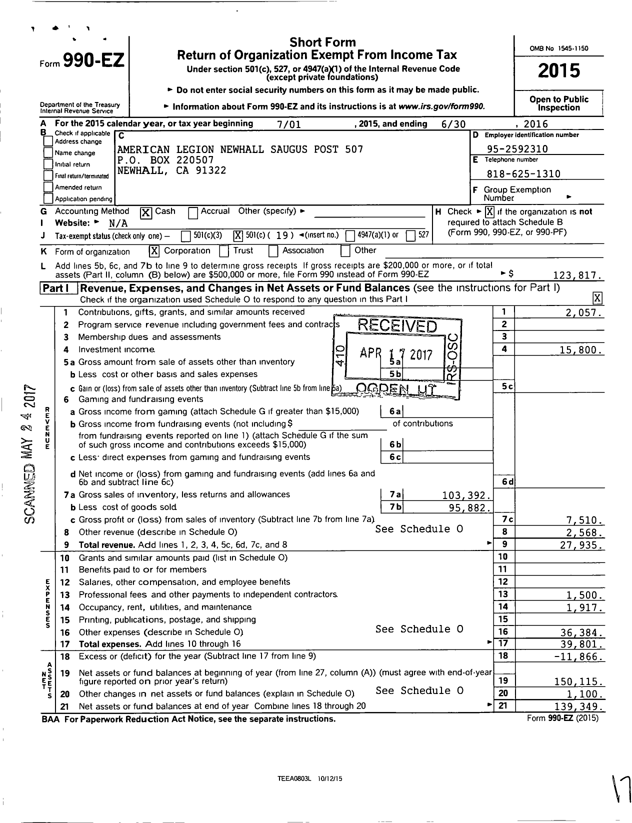 Image of first page of 2015 Form 990EO for American Legion Newhall Saugus Post 507