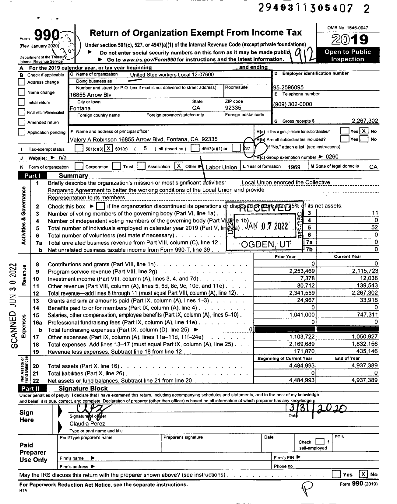 Image of first page of 2019 Form 990O for United Steelworkers - Local Union 07600