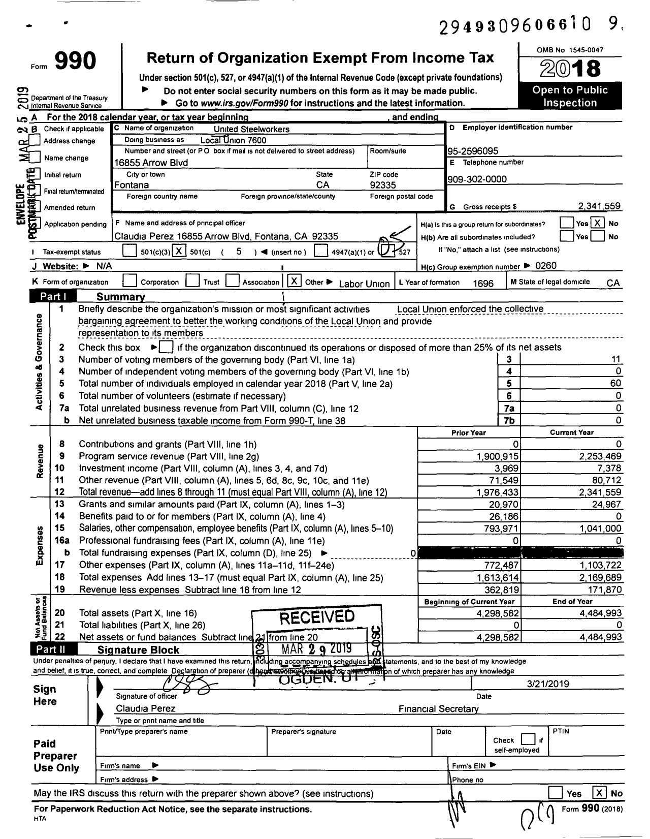 Image of first page of 2018 Form 990O for United Steelworkers - Local Union 07600