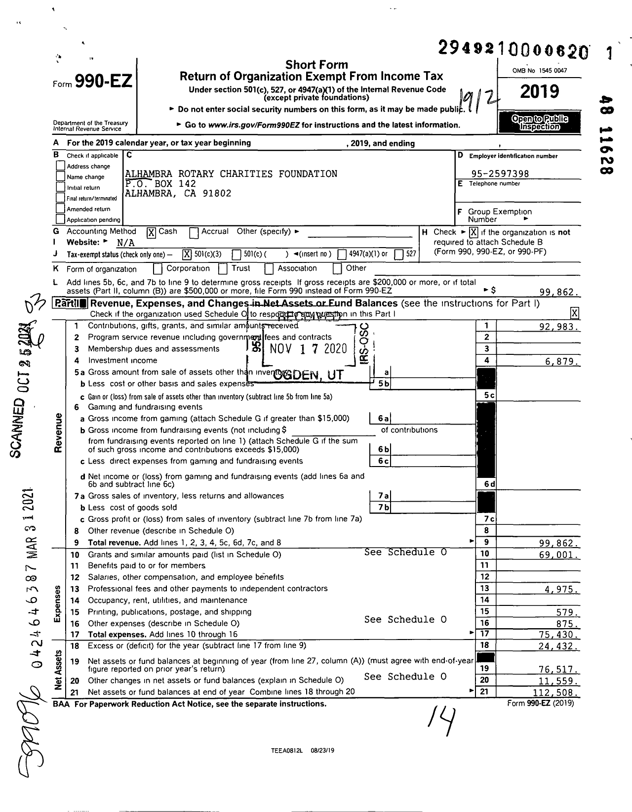 Image of first page of 2019 Form 990EZ for Alhambra Rotary Charities Foundation