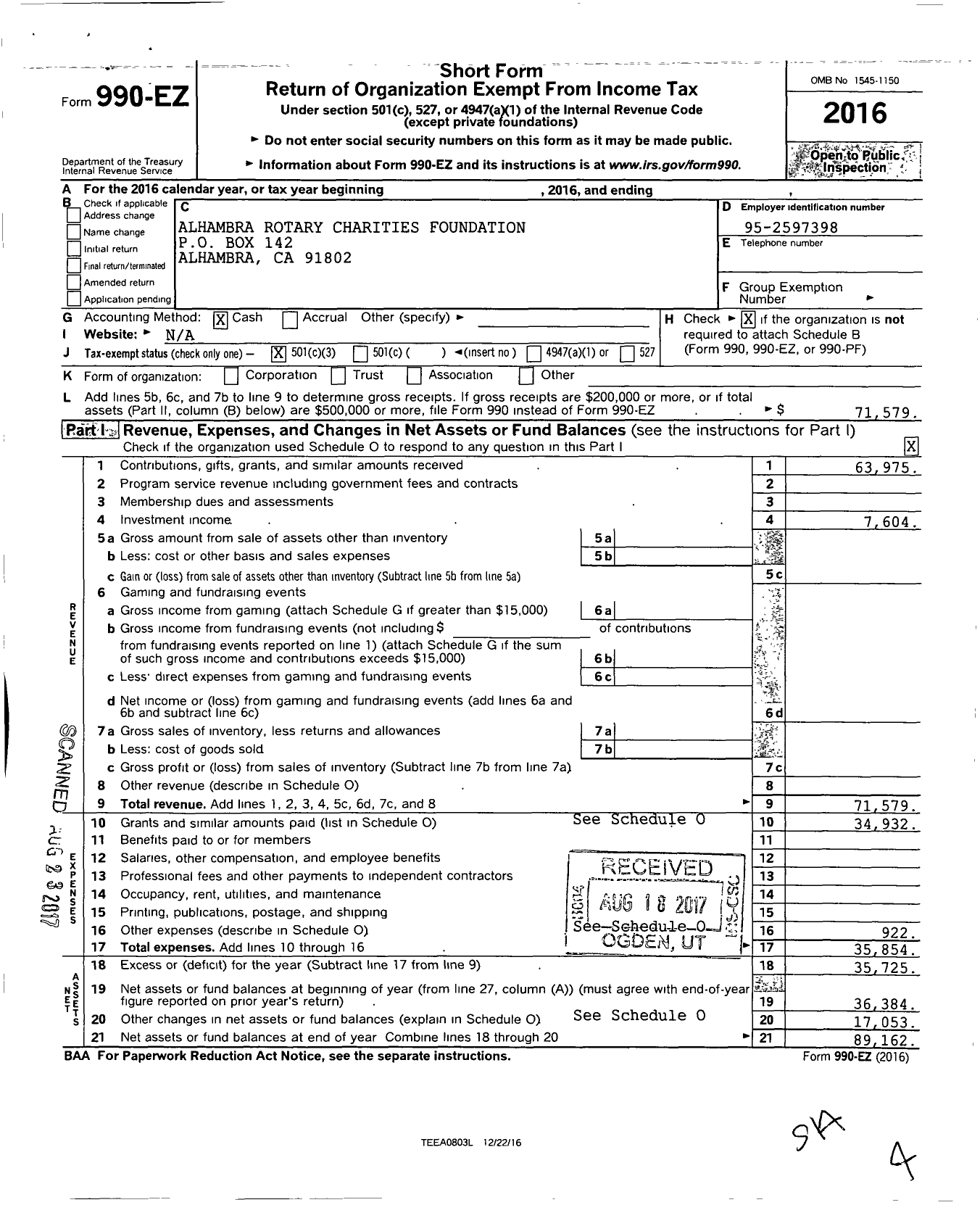 Image of first page of 2016 Form 990EZ for Alhambra Rotary Charities Foundation