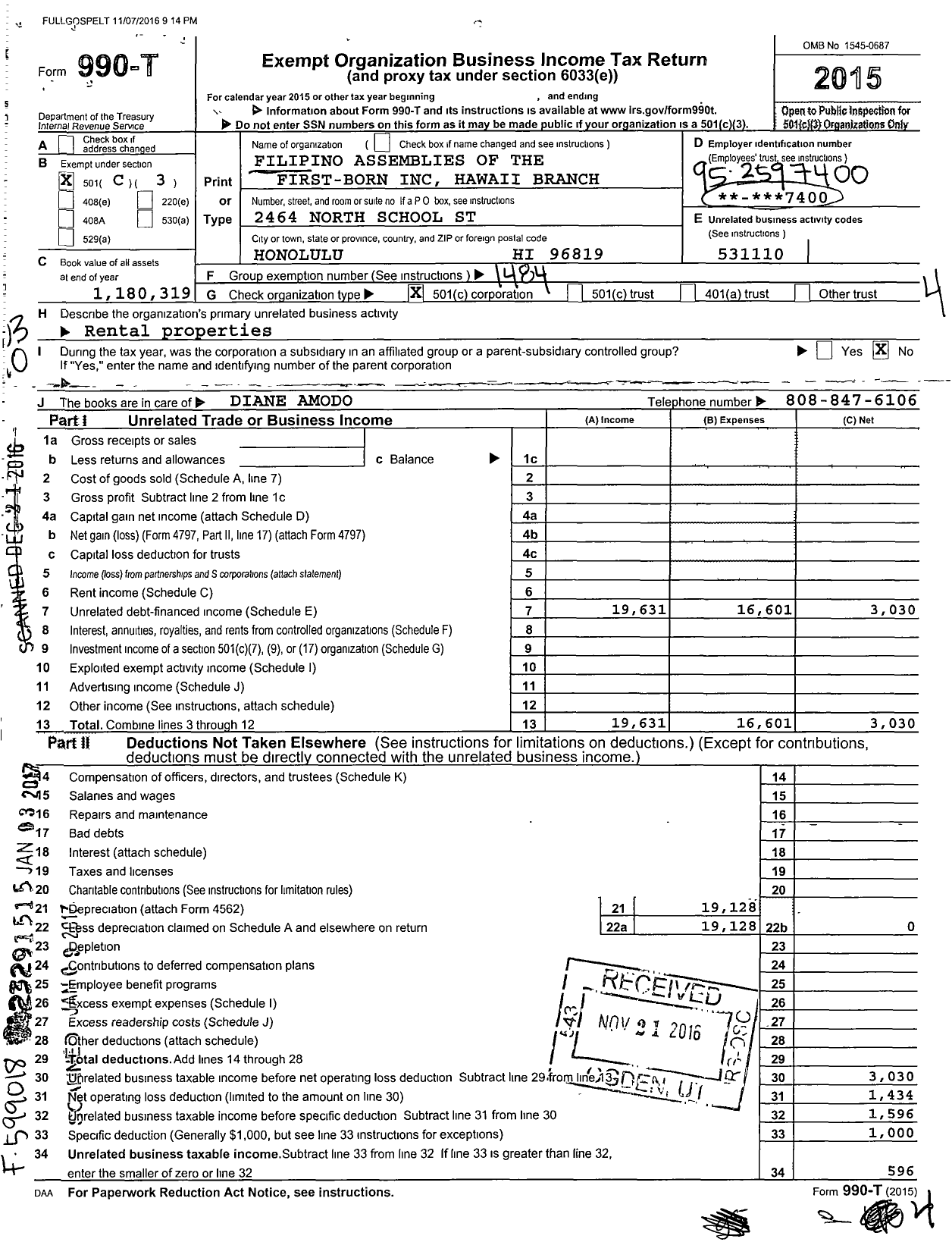 Image of first page of 2015 Form 990T for Filipino Assemblies of the First-Born Hawaii Branch