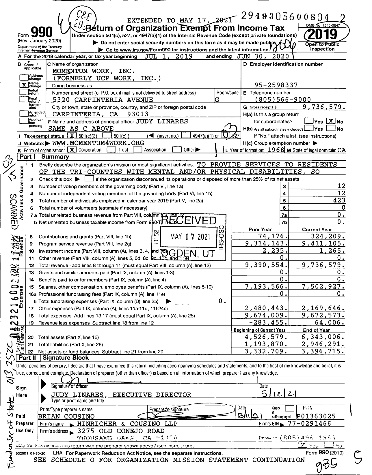 Image of first page of 2019 Form 990 for Momentum Work