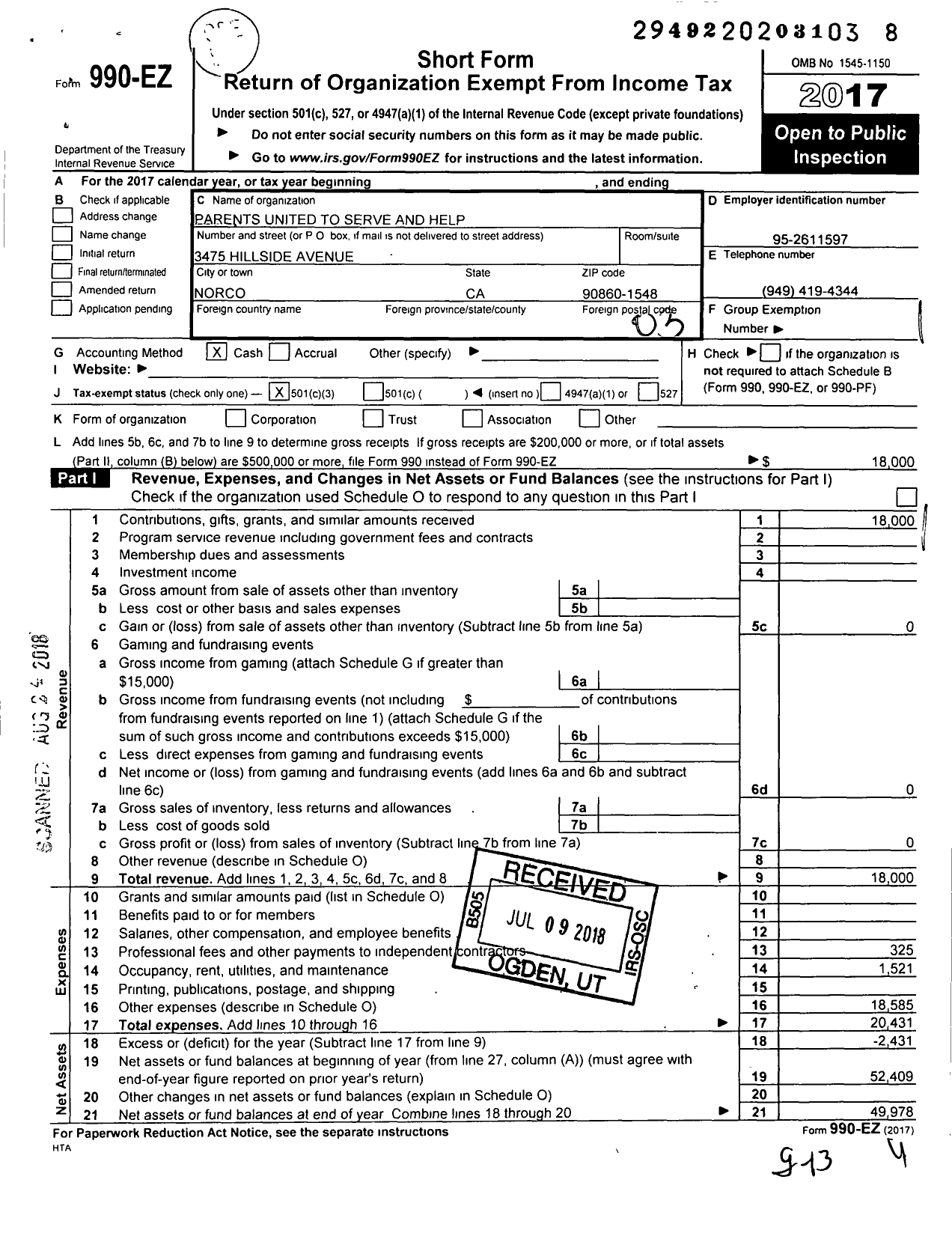 Image of first page of 2017 Form 990EZ for Parents United To Serve and Help