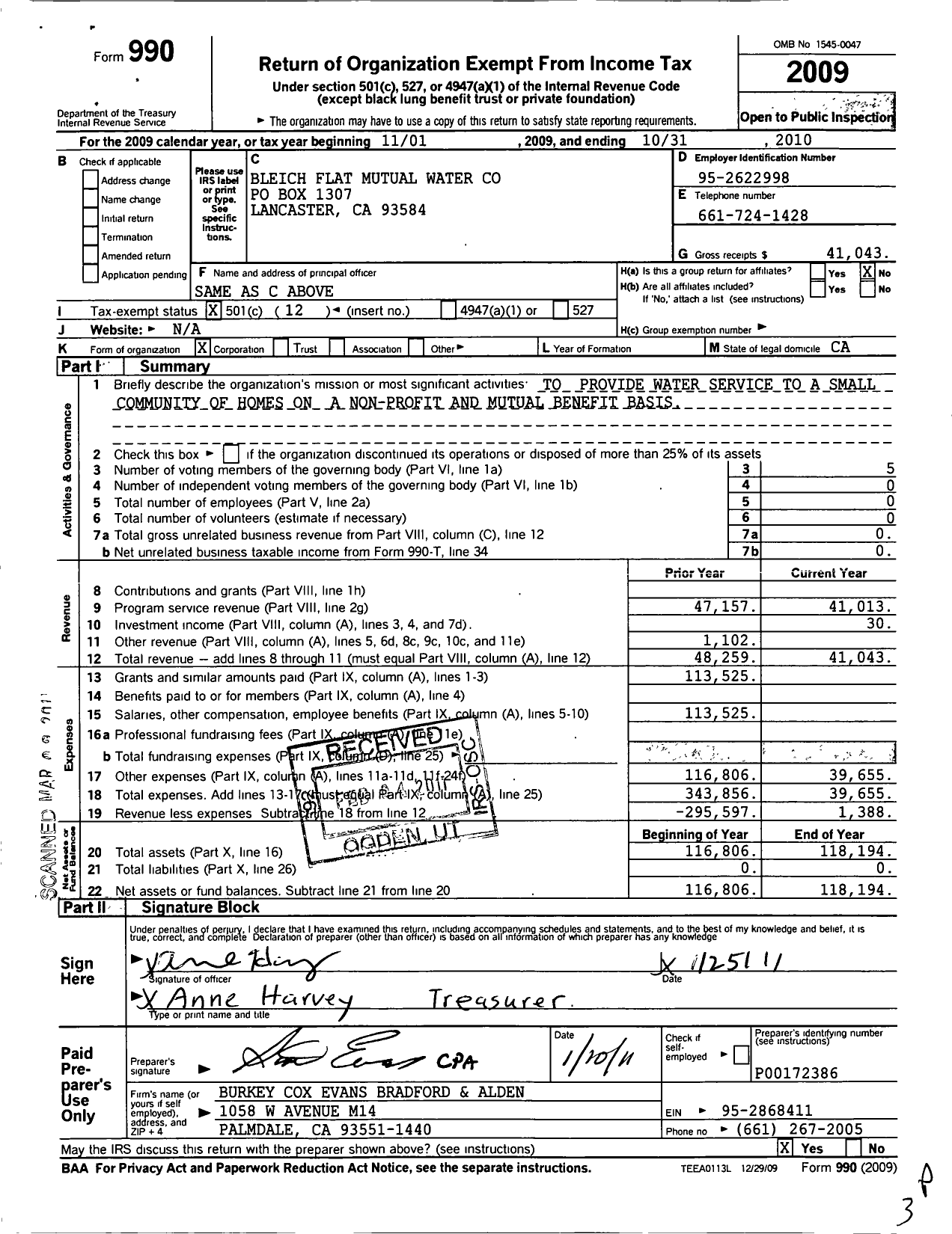 Image of first page of 2009 Form 990O for Bleich Flat Mutual Water Company