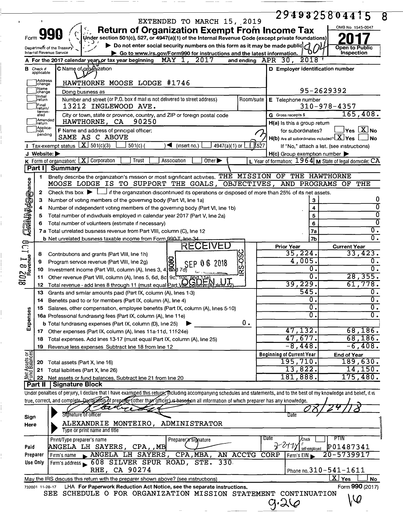 Image of first page of 2017 Form 990 for Loyal Order of Moose - 1746