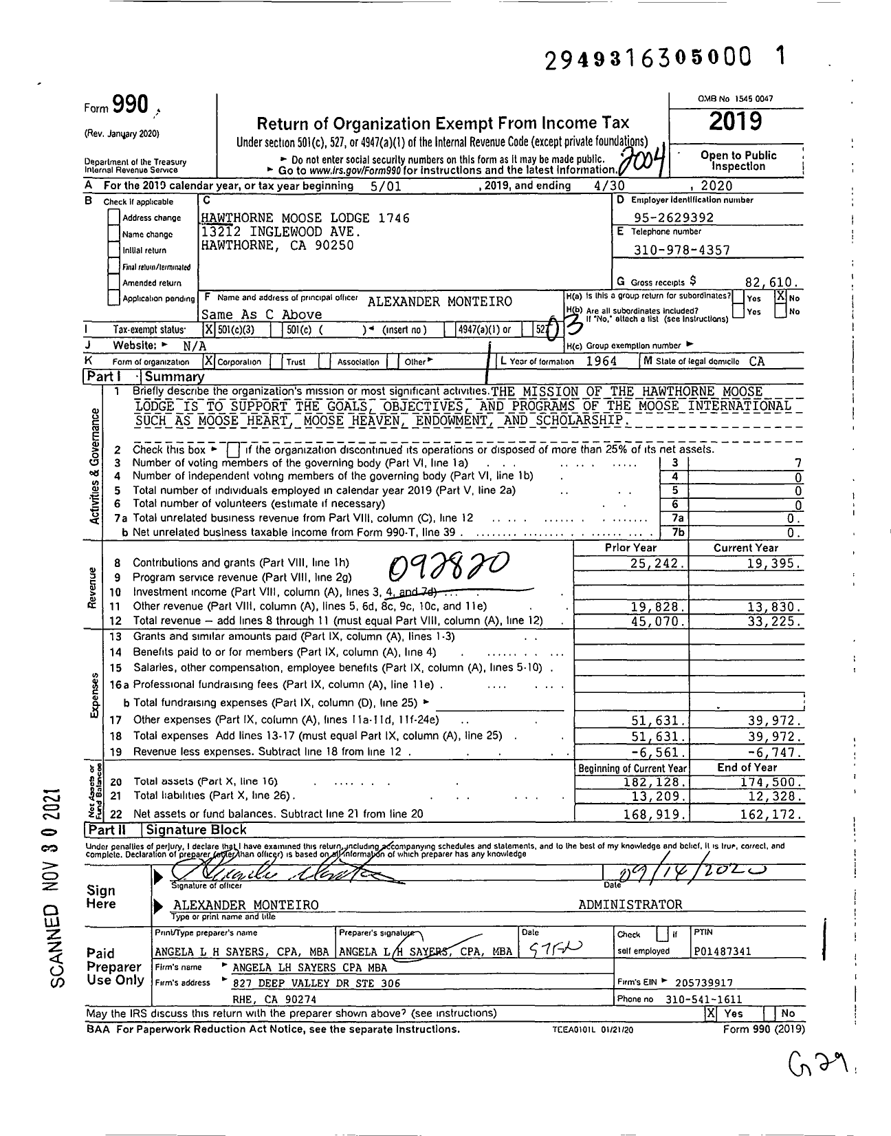 Image of first page of 2019 Form 990 for Loyal Order of Moose - 1746