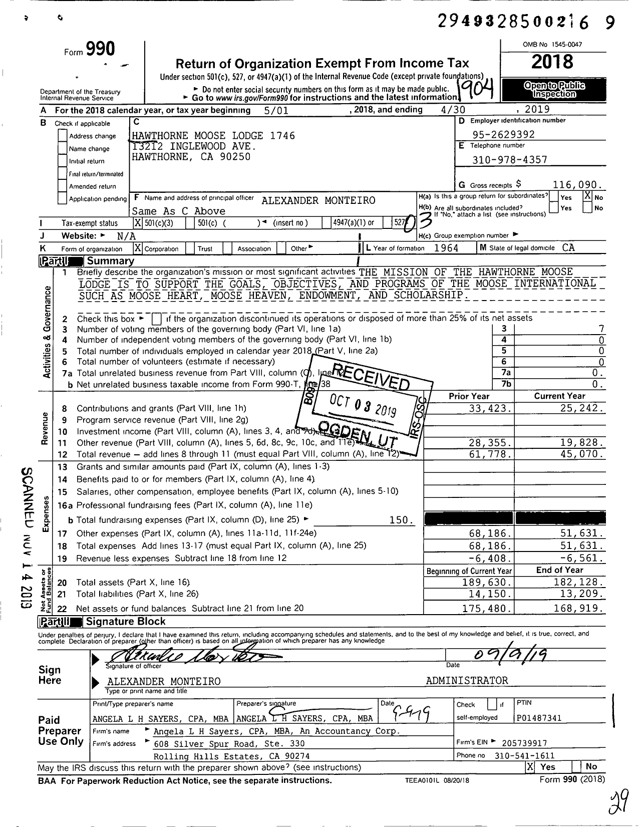 Image of first page of 2018 Form 990 for Loyal Order of Moose - 1746