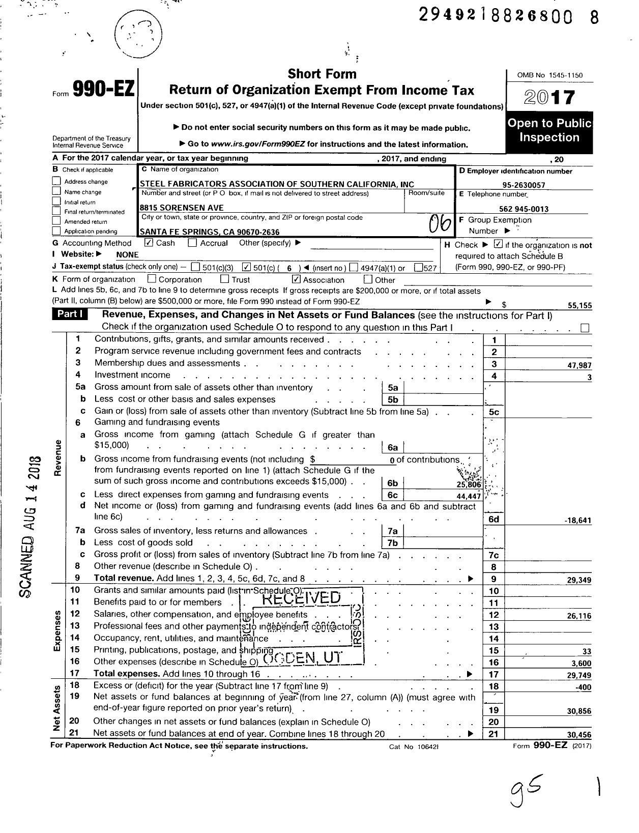 Image of first page of 2017 Form 990EO for Steel Fabricators Association of Southern California